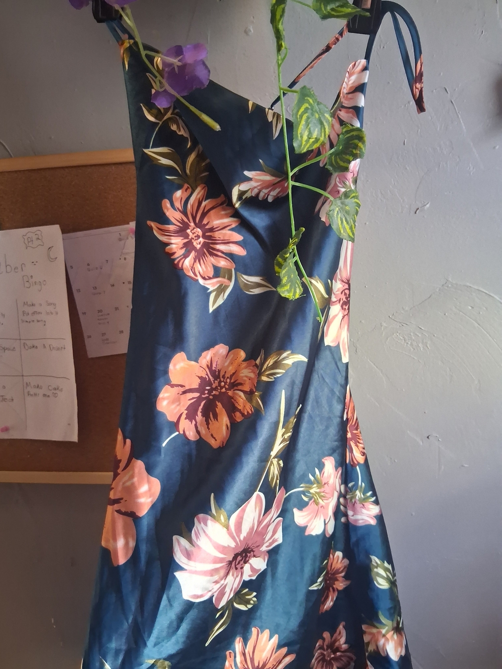 Floral Slip Dress - Navy with Pink Floral Print